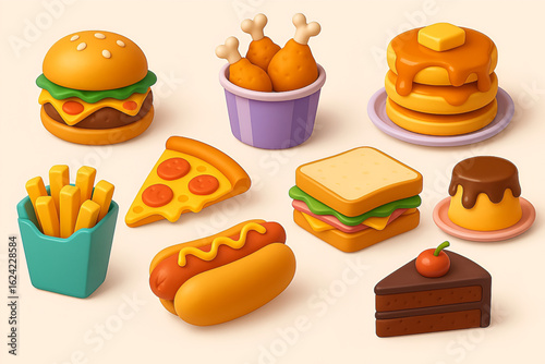 3D Cartoon Fast Food Icons with Meals and Snacks