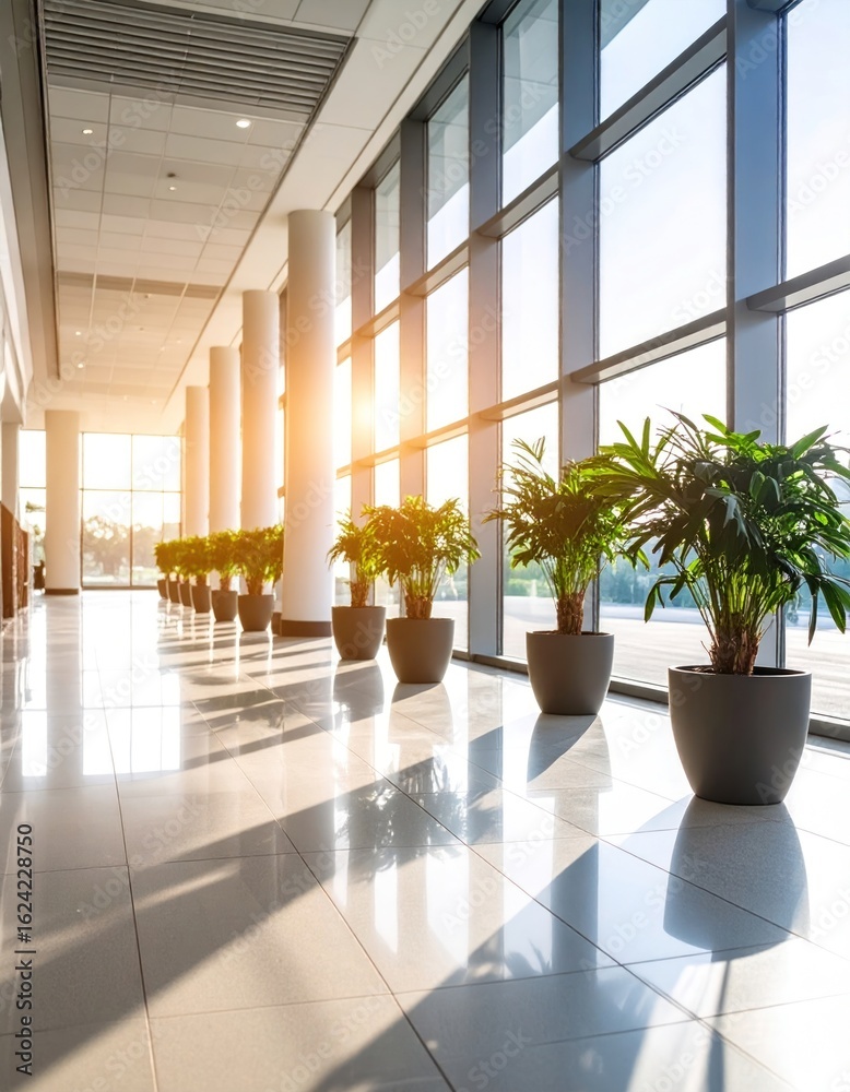 Fototapeta premium Modern office hallway with sunlit windows
