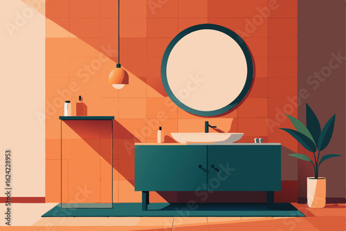 modern bathroom with floating vanity  round mirror.eps