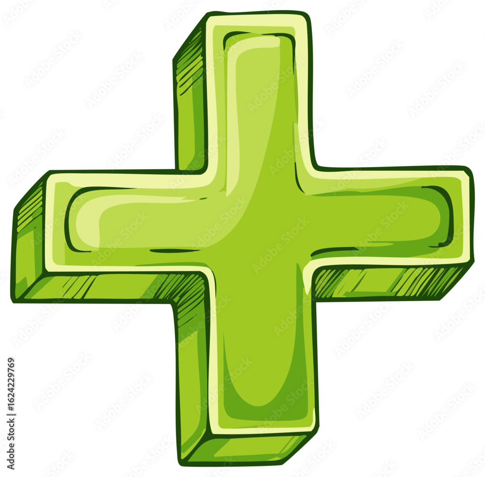 Fototapeta premium Shiny green plus symbol with a 3d effect and hand drawn outlines