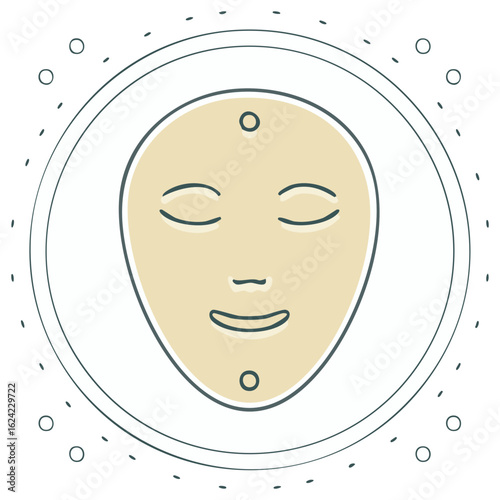 Facial mask with serene expression surrounded by luminous energy in gentle pastel tones evokes tranquility and inner peace.