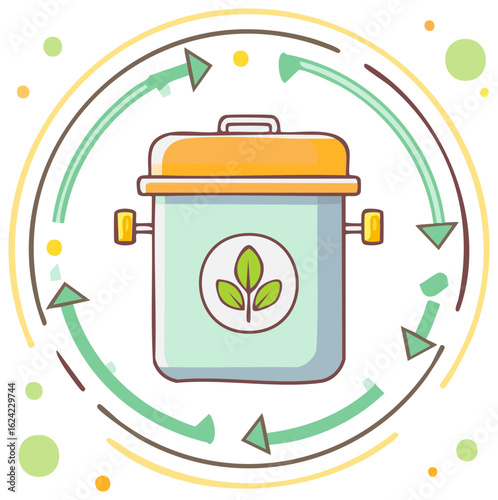 Cute compost bin illustration with plant leaves and circular arrows depicting organic recycling and eco friendly waste management