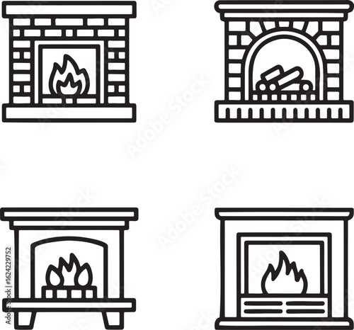 Set of Fireplace Outline vector illustration isolated On Transparent Background