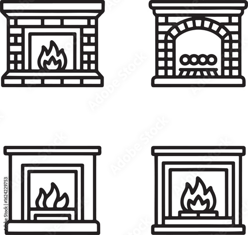 Set of Fireplace Outline vector illustration isolated On Transparent Background