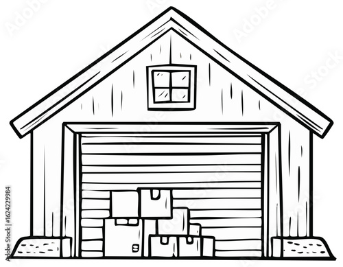 Cartoon Style Storage Shed with Open Door Filled with Boxes Black and White Outline
