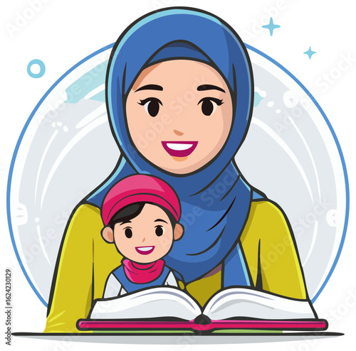 Mother in hijab reads with child wearing kufi and modest attire, book open
