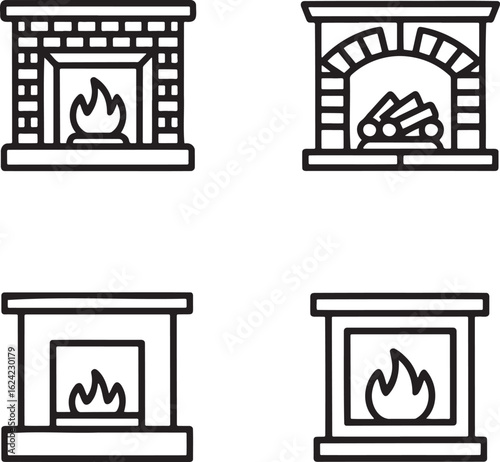 Set of Fireplace Outline vector illustration isolated On Transparent Background
