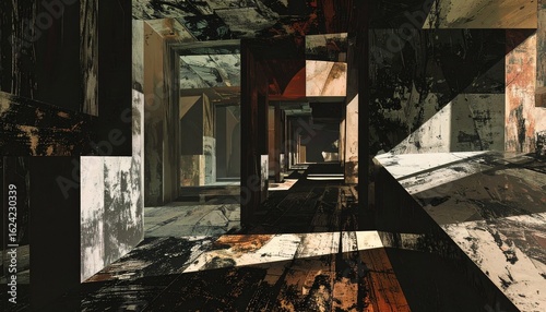 Abstract digital rendering of a fragmented and surreal dystopian interior from a future variant.