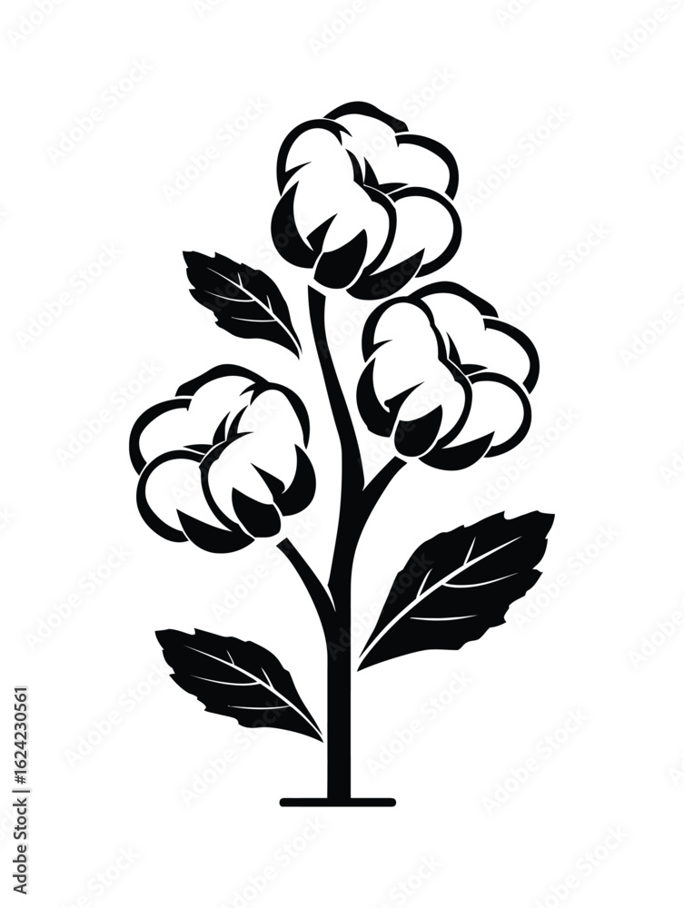 Obraz premium Cotton Plant Icon Illustration: A Symbol of Natural Fiber, Softness, and Textile Industry in Black Silhouette on Transparent Background for Versatile Use