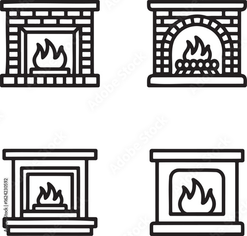 Set of Fireplace Outline vector illustration isolated On Transparent Background