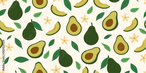 Vintage seamless pattern avocado fruit. Trendy seamless pattern with avocado. Fruit background with hand drawn avocado, flowers and leaves. Modern abstract design for paper, cover, fabric