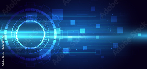 Technology digital blue with lighting effect on dark blue background.