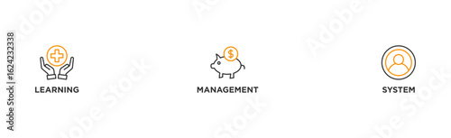 LMS banner web icon illustration concept for learning management system, educational courses, training and development programs with online learning, administration, growth, and automation icon