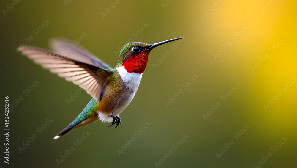 Naklejka premium Hummingbird in Flight, Capturing the Beauty of Nature in Motion, Close-Up of a Hummingbird Vibrant Colors and Delicate Wings in Midair