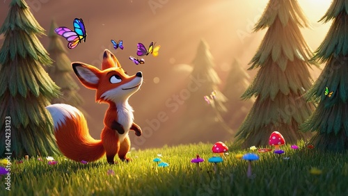Fox plays with butterflies
