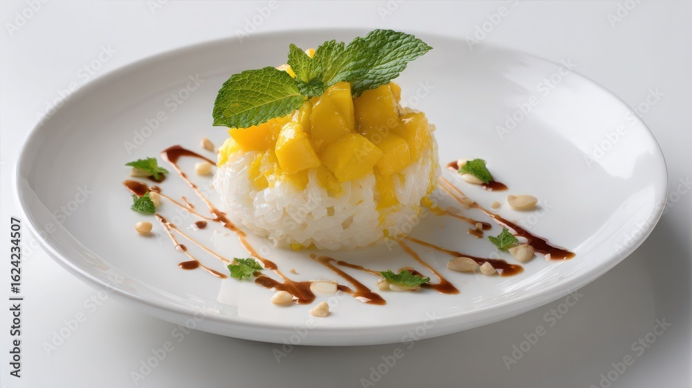 modern mango sticky rice dessert in Michelin style plating modern mango sticky rice dessert in Michelin style plating