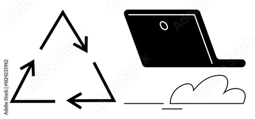 Triangular recycling arrows and open laptop near a cloud highlight sustainability, eco-friendliness, and digital efficiency. Ideal for green tech, e-waste management, circular economy, remote work