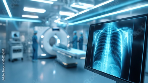 An inside view of a modern medical clinic, showing a CT scanner with a person lying on it. a screen displays an x-ray of the chest