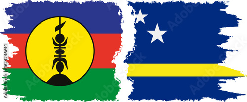 Curacao and New Caledonia grunge flags connection, vector