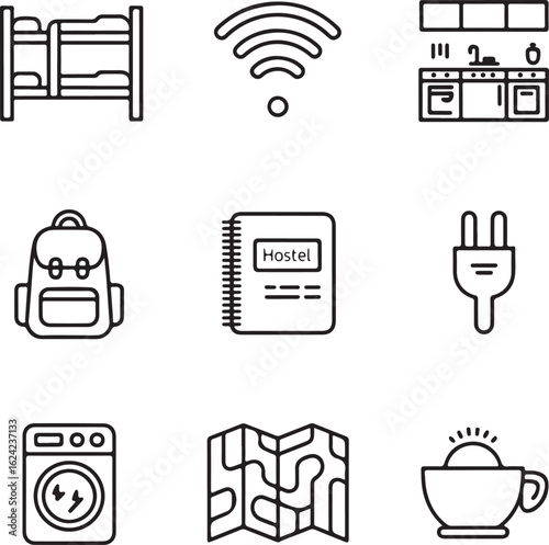 Backpacking & Hostel Life Icon Pack Bunk Bed, Wi-Fi Access, Hostel Key, Shared Kitchen, Backpack, Travel Journal, Electric Plug, Laundry Service, Tourist Map, Free Breakfast