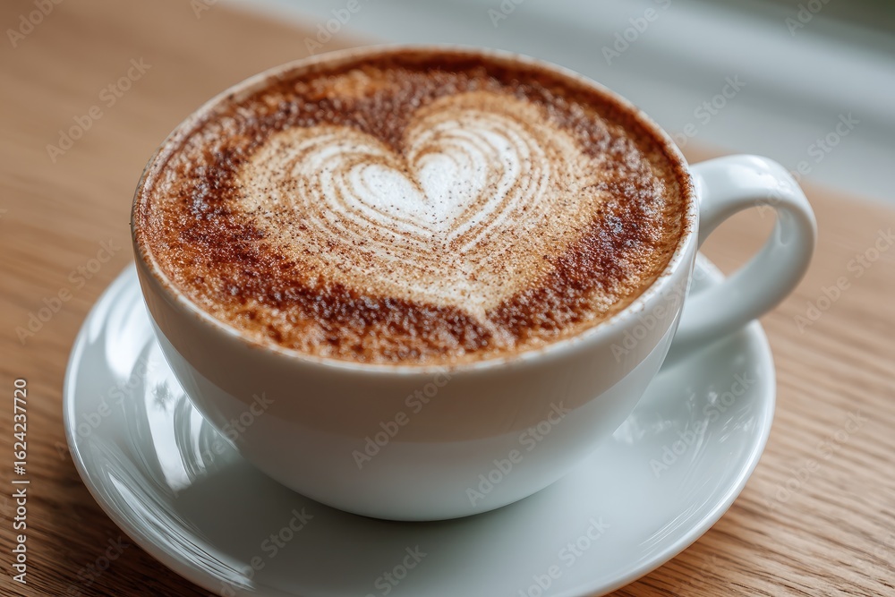 Obraz premium Heart latte art in white mug on light wood table
