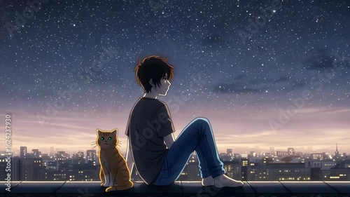 Boy and Cat Sitting Together Under Night Sky