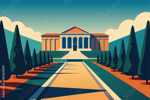 museum exterior with formal landscaping  .eps