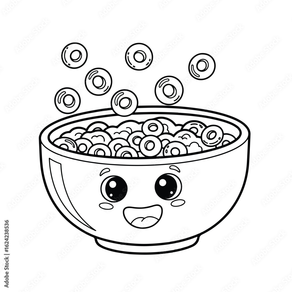 A bowl of cereal with a happy face, with cereal pieces floating above it. Coloring page style. A bowl of cereal with a happy face, with cereal pieces floating above it. Coloring page style.