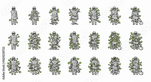 An array of mummified figures wrapped in bandages with some figures adorned with green leaves and vines