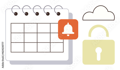 Calendar with notification bell icon, cloud symbol, and padlock figure. Ideal for time management, reminders, data security, cloud storage, productivity, planning simple flat metaphor