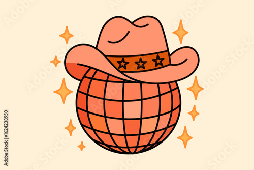 Disco ball with cowboy and cowgirl hats in western style, illuminated by shiny lights, for a retro party or country music festival, or a wild west themed event.