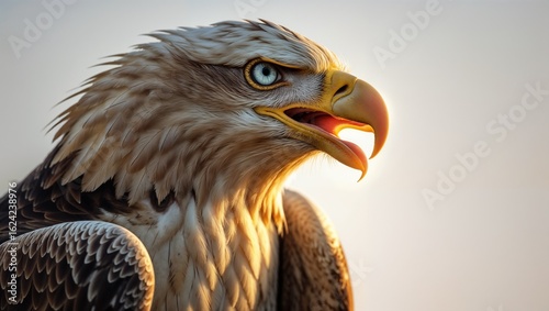 Close-Up of Eagle with Striking Blue Eyes and Slightly Open Yellow Beak