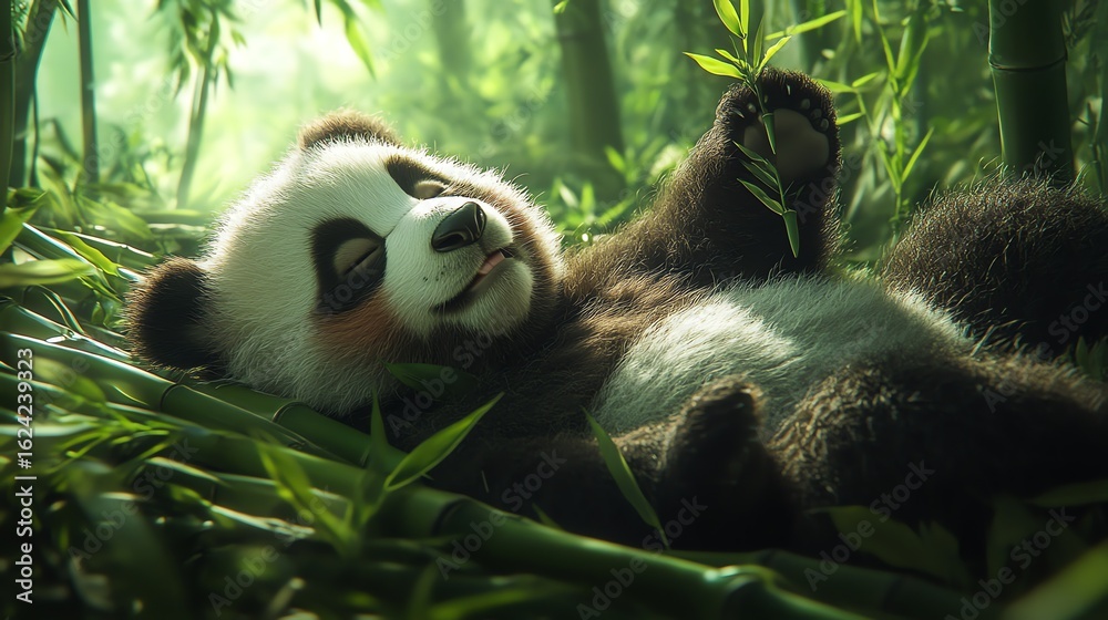 Obraz premium A charming fluffy panda lying on its back while