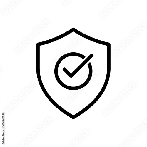 Shield icon with a checkmark inside, symbolizing protection, security, and verification in a simple black line design on a white background