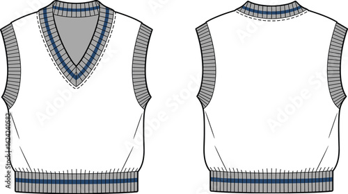 Front and back view, sweater vest design, fashion flat sketch, knitwear CAD, vector illustration, sleeveless garment, apparel template, ribbed V-neck