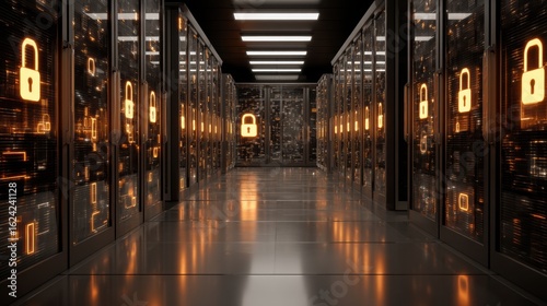 Secure Data Center  A futuristic perspective showcases a high-tech data center  emphasizing cyber security and data protection. The scene glows with digital padlocks.
