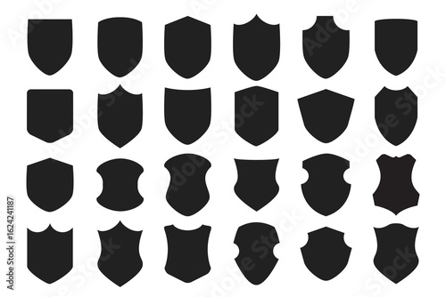 Black silhouette and isolated random empty shields shapes sticker labels icons design element complete set on white background