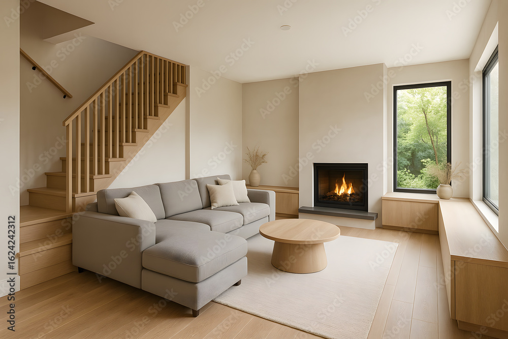 Fototapeta premium Modern living room design with fireplace couch and wood staircase view