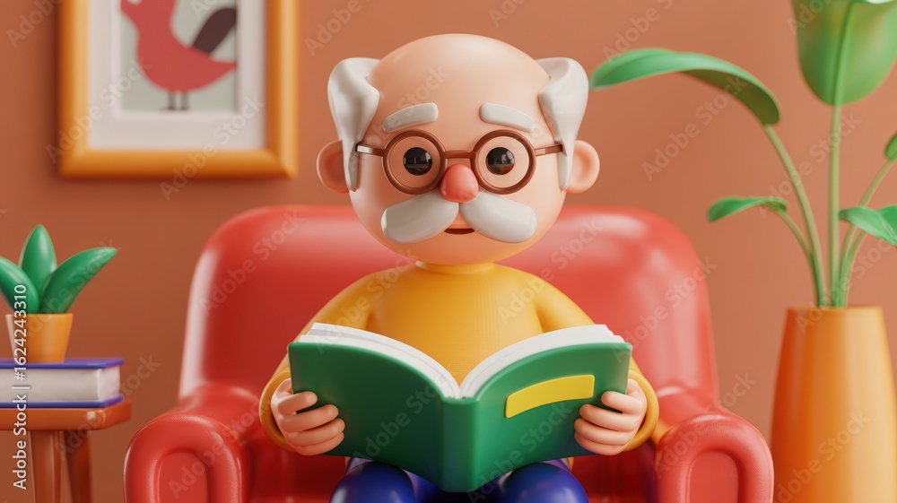 Fototapeta premium Elderly man with glasses reading green book in warm lighting
