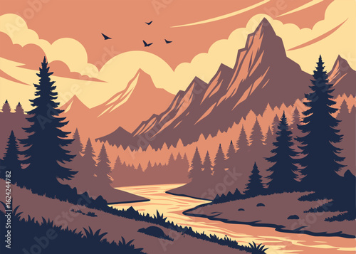 Peaceful Mountain Landscape with River and Pine Trees Vector Illustration for Outdoor Adventure and Nature Tourism