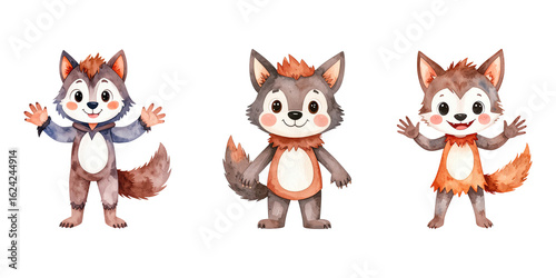 Cute cartoon halloween kid character wearing werewolf costume. Watercolor style. Halloween and holiday. Cartoon festive illustration.