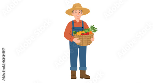 Cartoon farmer character in overalls holding a wicker basket full of freshly harvested vegetables.