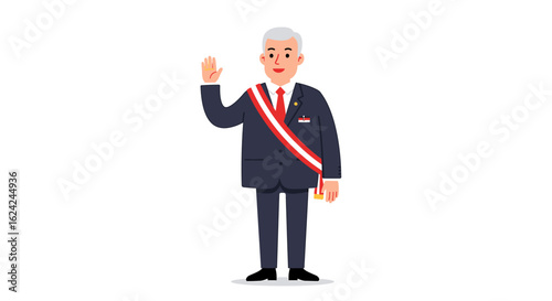 A distinguished male president in a formal suit and sash, raising his hand to take an oath or wave. Vector illustration.