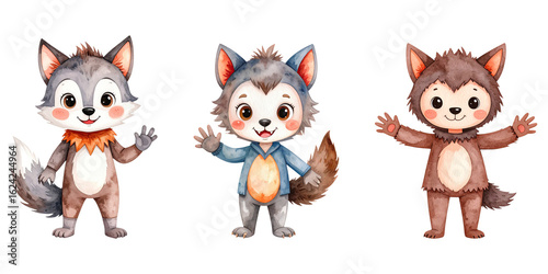 Cute cartoon halloween kid character wearing werewolf costume. Watercolor style. Halloween and holiday. Cartoon festive illustration.