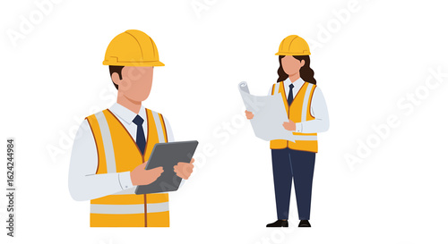 Professional male and female engineers in hard hats and vests. Construction team with tablet and blueprints planning a project. Isolated vector.