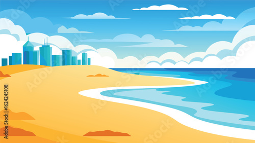 Vibrant beachfront cityscape with sandy shore and ocean waves