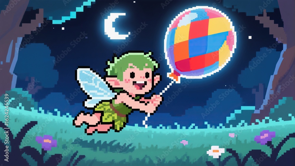 Naklejka premium Pixelated fairy with a colorful balloon at night.
