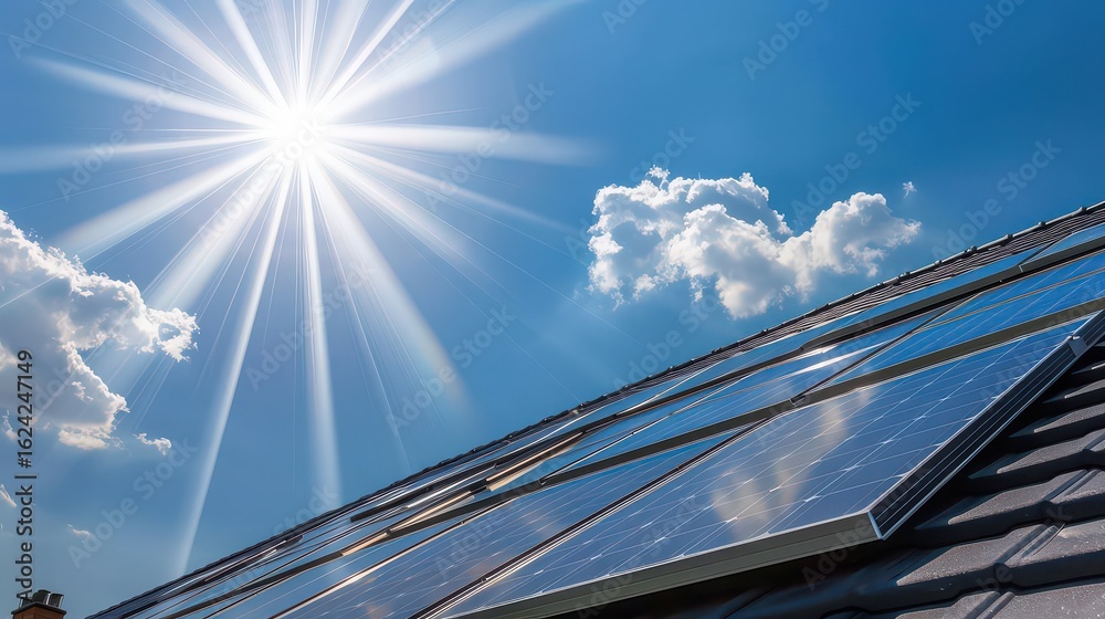 custom made wallpaper toronto digitalSolar panels on a rooftop under a bright sun with clouds in the sky generating clean energy source