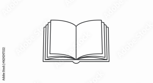 Simple black outline icon of an open book with blank pages, minimalist line art style.