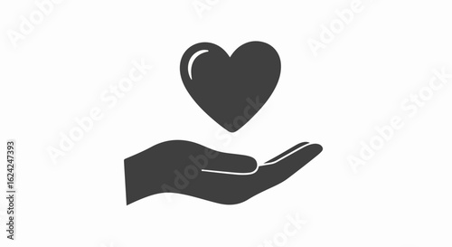 Simple gray silhouette of a cupped hand offering a floating heart symbol with a highlight.
